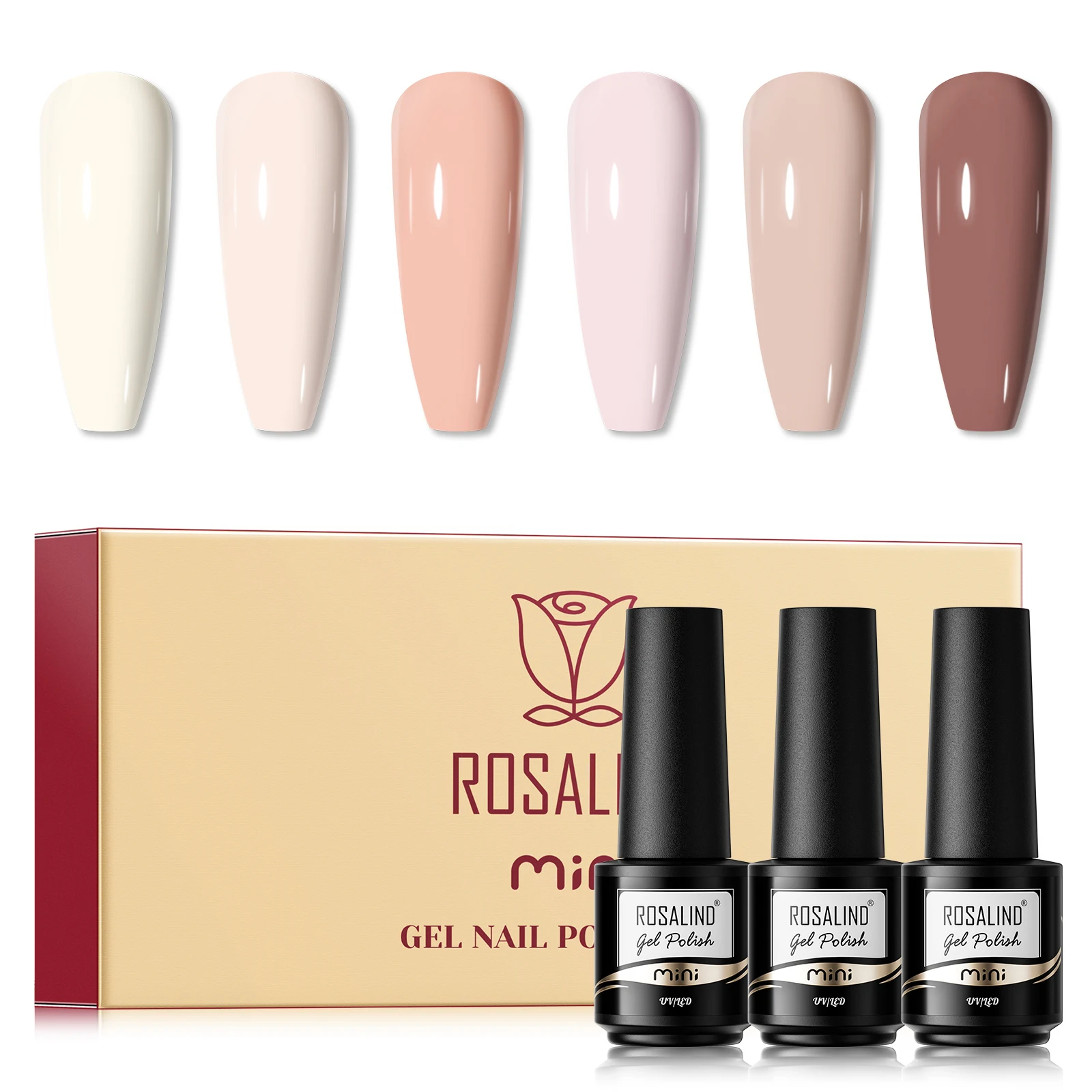 ROSALIND Gel-Nagellack-Set, 6-teilig, rosa Nagellack-Set, semi-permanenter Glitzer-Gel-Kunst für zu Hause, Basis- und Decklack-Gel-Nagellack