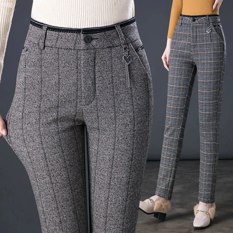 

Autumn Women Trousers New Fashion Plaid High Waist Woolen Pants Female Winter Velvet Casual Pants Middle Aged Mother Pants 7XL