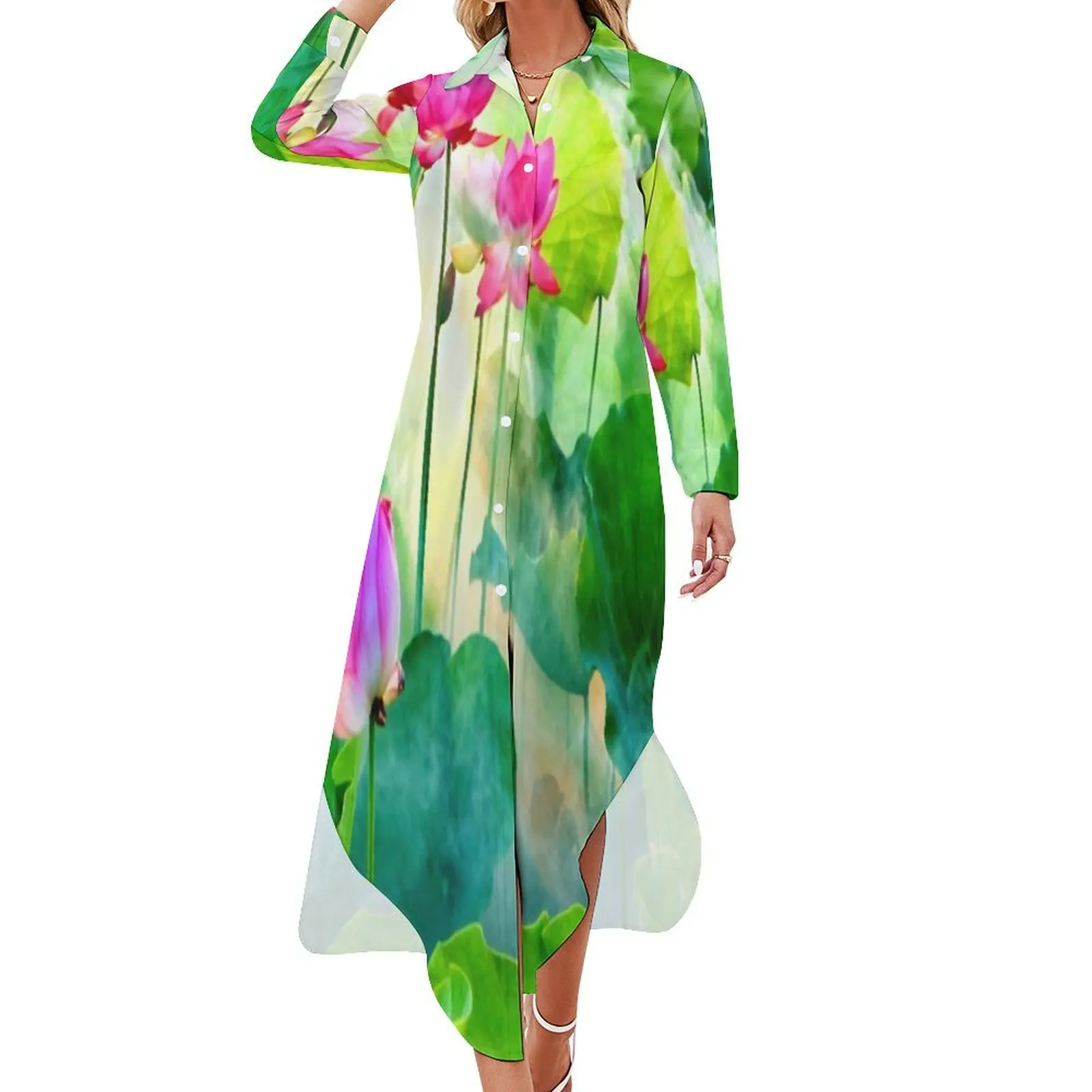 

lotus aquatic plant Long Sleeved Shirt Dress elegant dresses for women Party dresses for women women clothing 2024 new arrivals