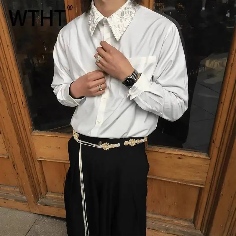 

WTHT Trendy Men's Flower Embroidery Solid Color Pockets Design T-shirts Fashion Long Sleeves Lapel Tops Male 2026 Summer 2A2878