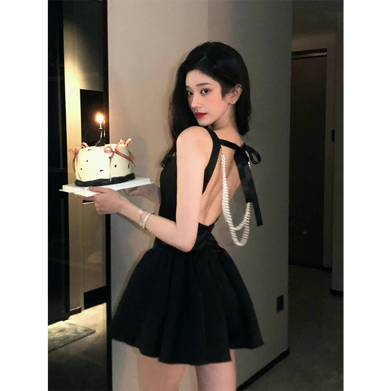 MEXZT Vintage Black Mini Dress Women Party Prom Sexy Backless Pearl Chain Dresses Summer Elegant Korean Bodycon A Line Vestidos