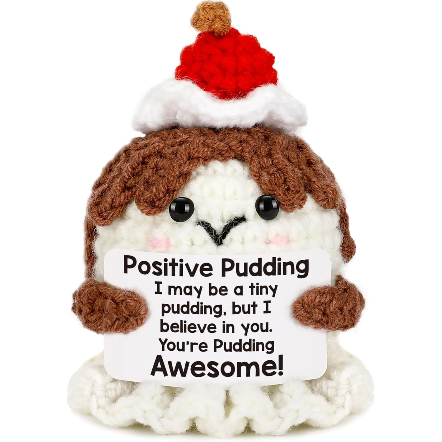 Handmade Crochet Pudding Doll With Positive Card Home Room Decoration Emotional Inspirational Support Pudding Desktop Ornament