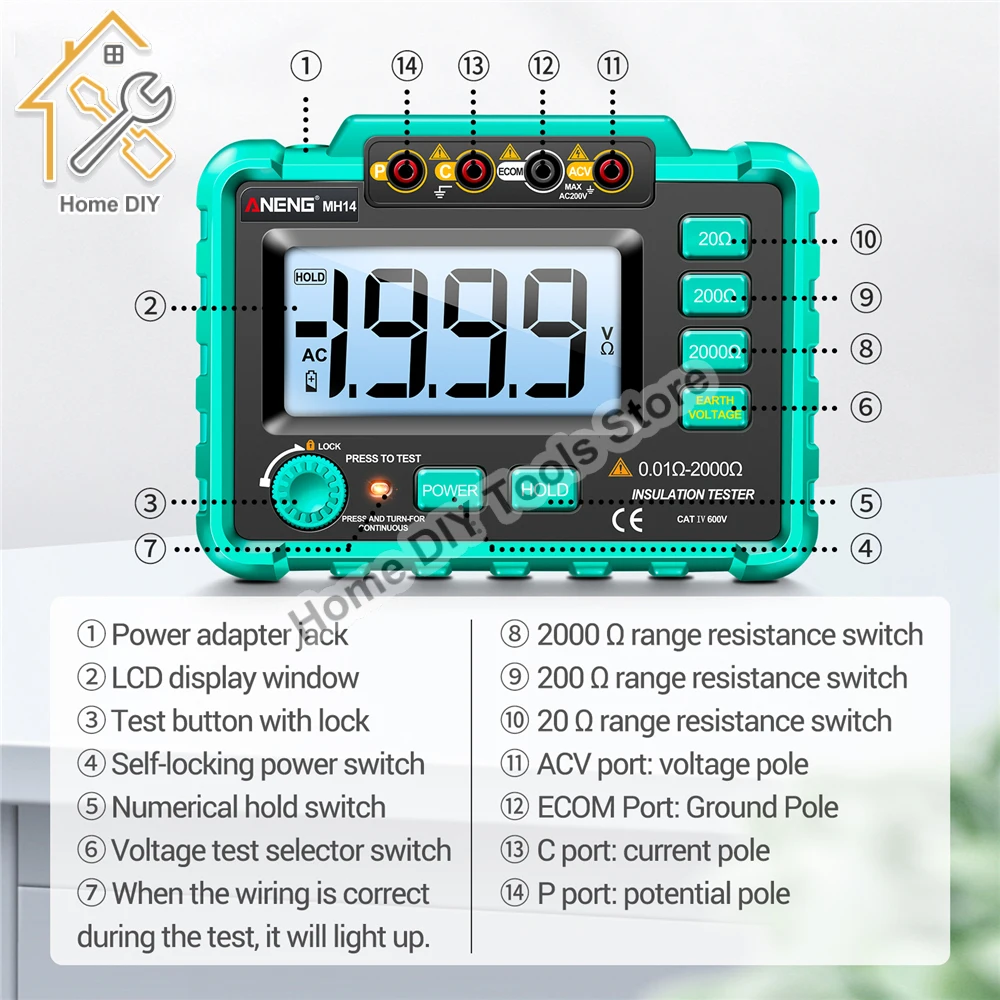 MH14 0-2000Ohm Digital Insulation Resistance Tester 1999 Count Professional Multimeter Insulation Ground Resistance Tester