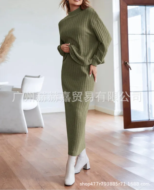 

Women's New Autumn/winter Fashion Solid Color Temperament Knit Two-piece Semi-high Neck Long Sleeve Top + Half Body Long Dress