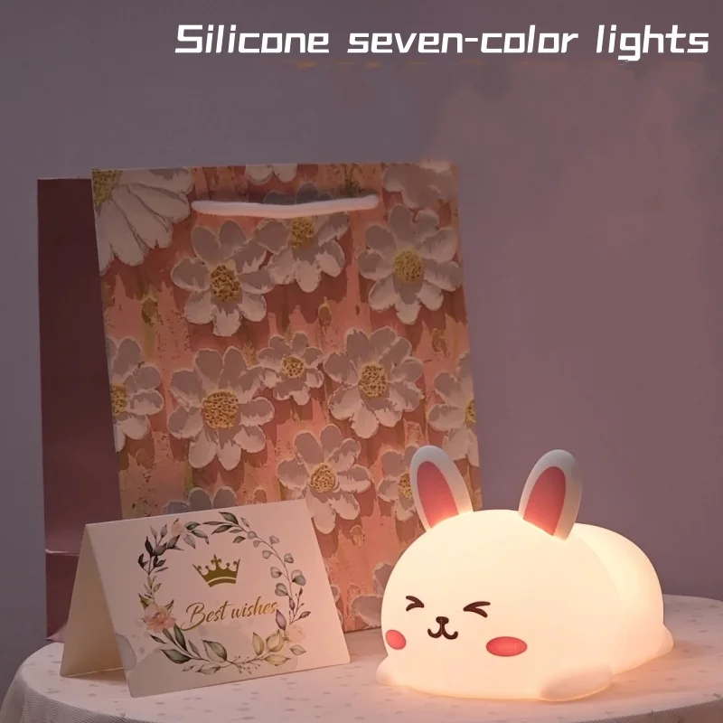 Modern Simple LED Night Light Pat White Rabbit Small Gift Cute Animal Soft Soft Child Rechargeable Touch Light