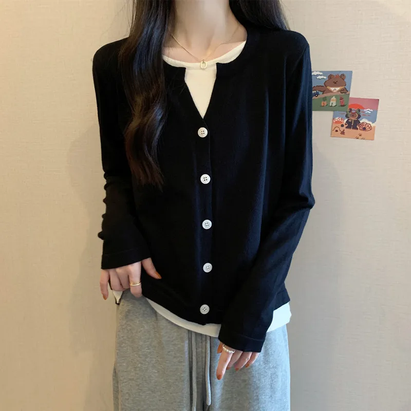 Maglione lavorato a maglia taglie forti Falso in due pezzi Sciolto Base da donna irt Copertura della pancia Dimagrante Autunno Inverno Nuovo Sle Fce Pull...