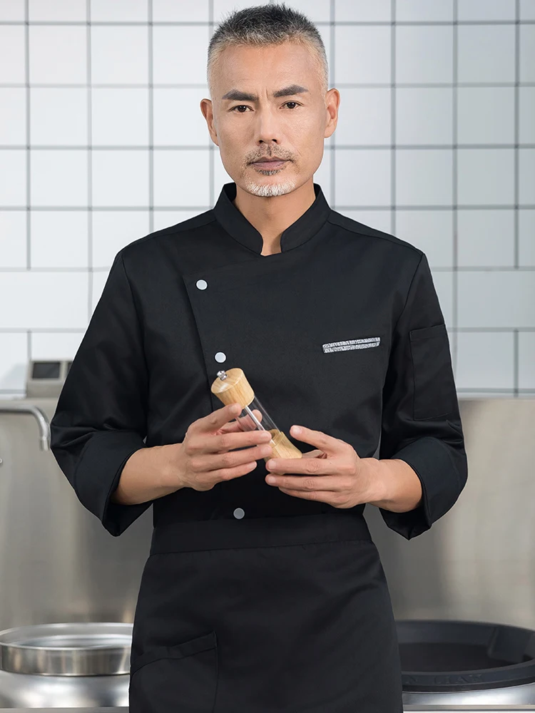 Restaurant Chef Shirt  Kitchen Coat Stand Collar Long Sleeve Hotel Cook Uniform Cafe Bakery Pastry Work Clothes Tops and Apron