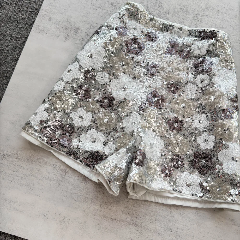Pantaloncini a vita alta floreali con paillettes chic da donna Lady Streetwear Fiori Pantaloni corti a linea A