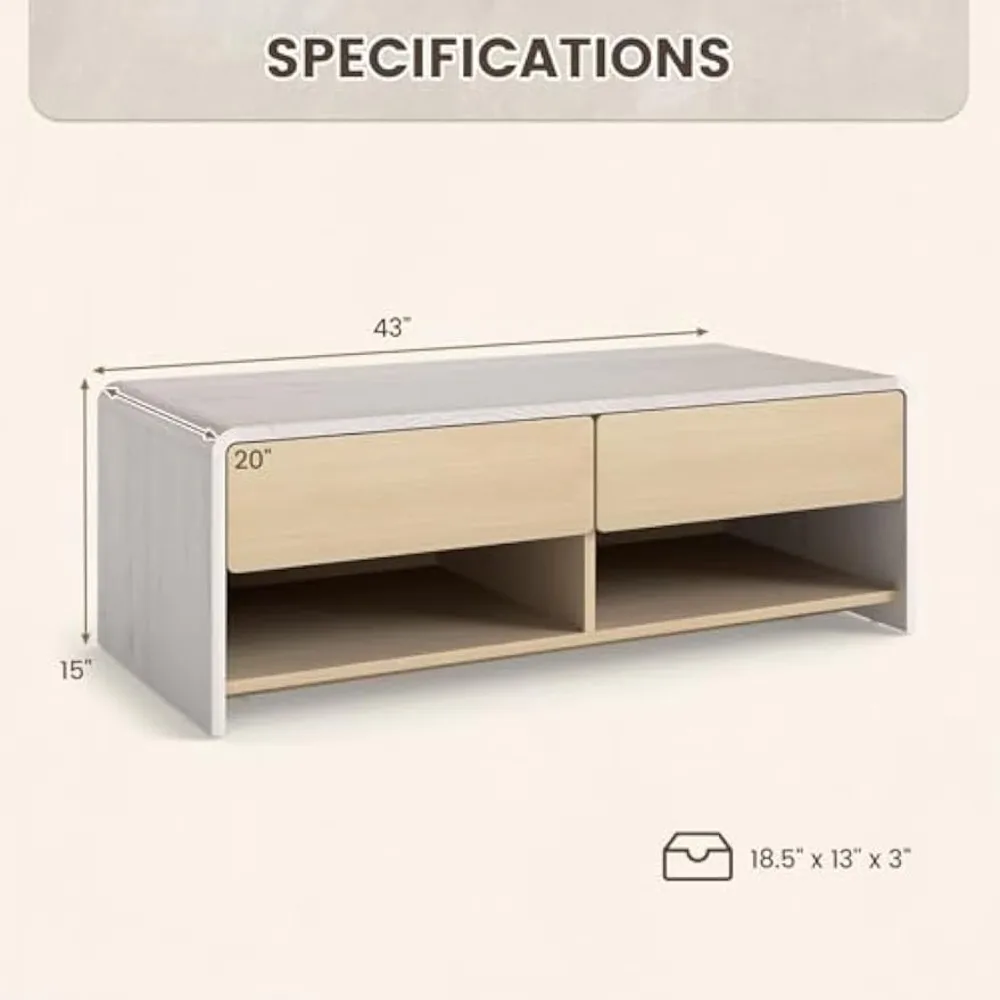 Mesa de centro com gavetas de armazenamento, mesa de chá coquetel moderna de 43 polegadas com 2 compartimentos, mesa central retangular de madeira