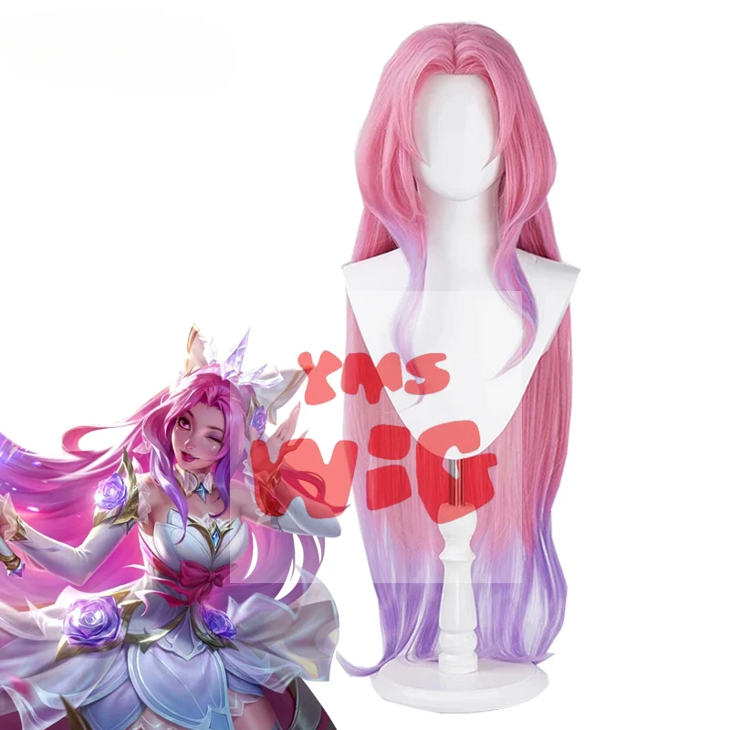 YMS Synthetic Hair Seraphine Cosplay Wigs LOL Crystal Rose Seraphine 85cm Long Pink Gradient Purple Cos Wig Heat Resistant