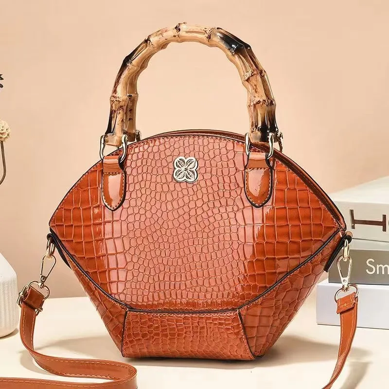 Crocodile Pattern Creative Shell Shaped Shoulder Bags High Quality Retro Bamboo Joint Handle Handbag Women Office Crossbody Bag