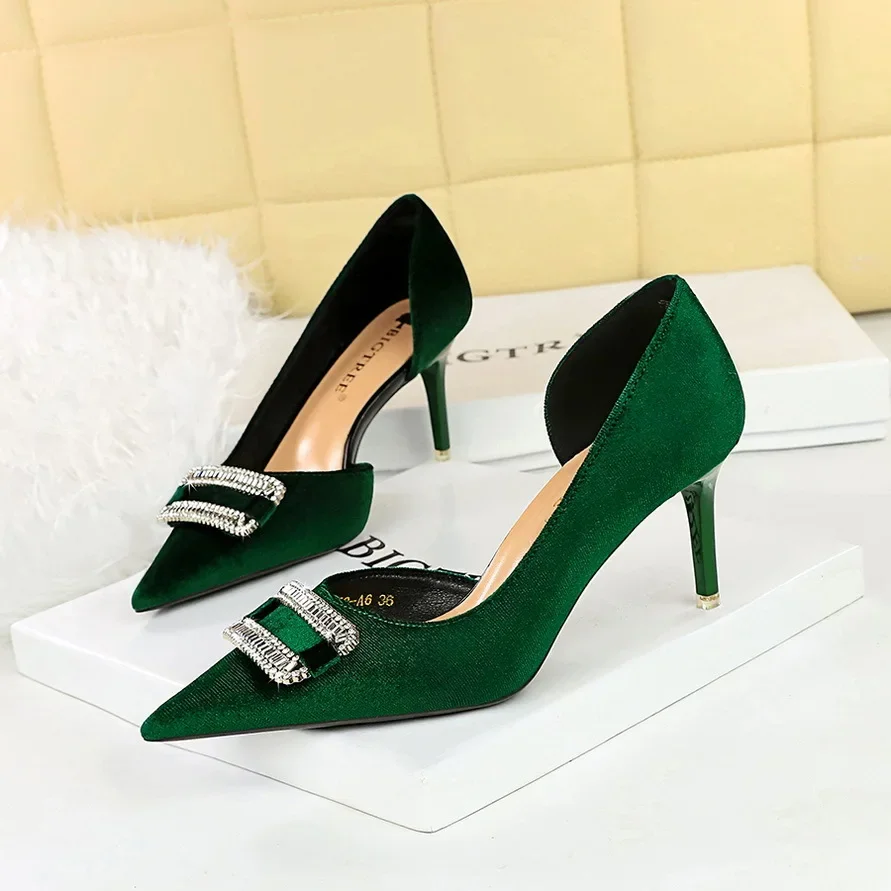 BIGTREE 2025 Rhinelet Buckle High Heels Flock Green Pink Women Lady Pumps 7cm 10.5cm Prom Dress Shoes