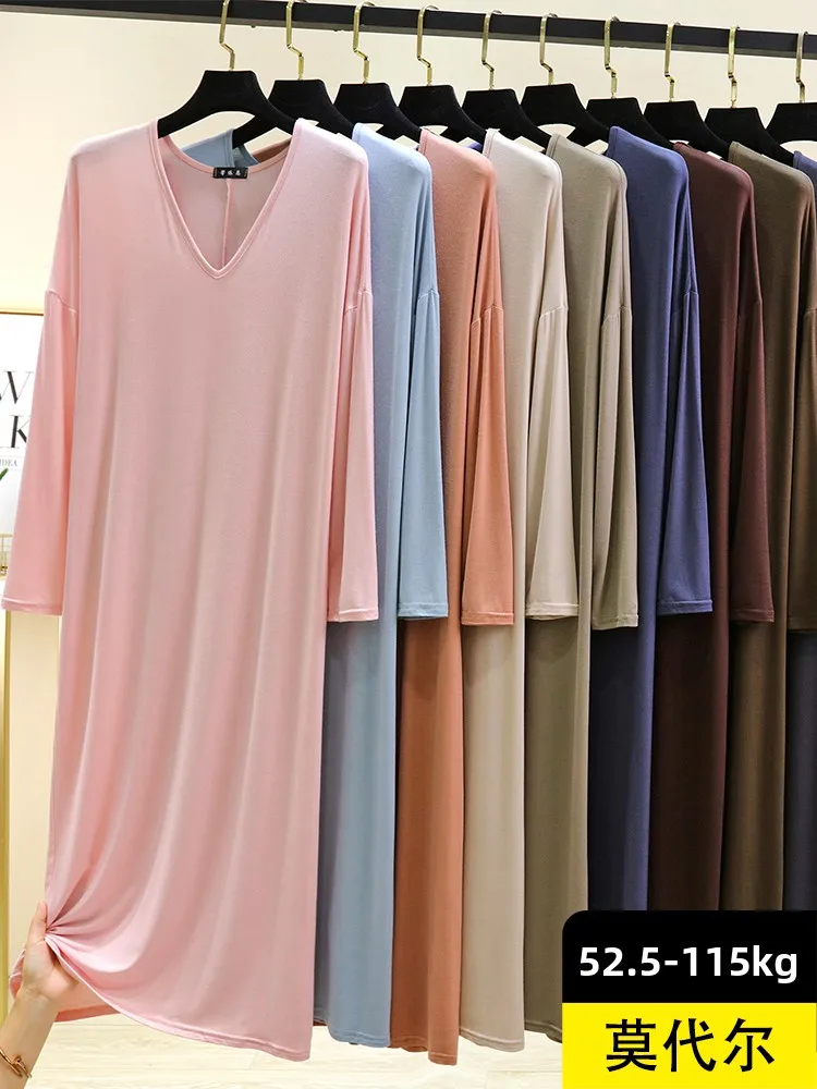 

Loose Fit Long Sve Modal Sp Dr Women's Autumn Home Leisure Thin Dr Midi Length round Ne Single Button Closure