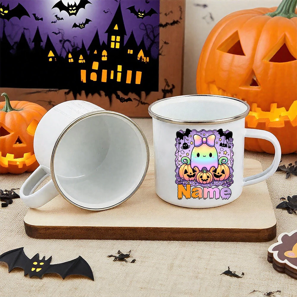 

Пользовательское имя с кружкой с принтом Хэллоуина, кофейная чашка, детская эмалированная кружка, украшение для дома, вечеринки, персонализированный подарок на Хэллоуин для друзей