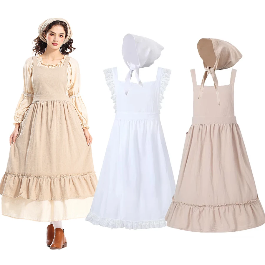 Umorden literário retro renda plissado avental longo gorro para mulheres adulto peregrino menina fazenda aldeia pioneiro empregada traje algodão linho