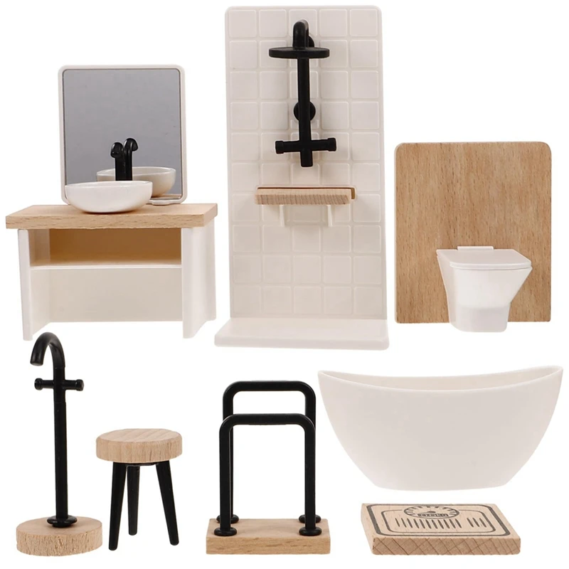 8Pcs Bathroom Toilet Bathtub Basin Wooden Bathroom Cabinet With Sink Miniature Furniture For Doll Durable