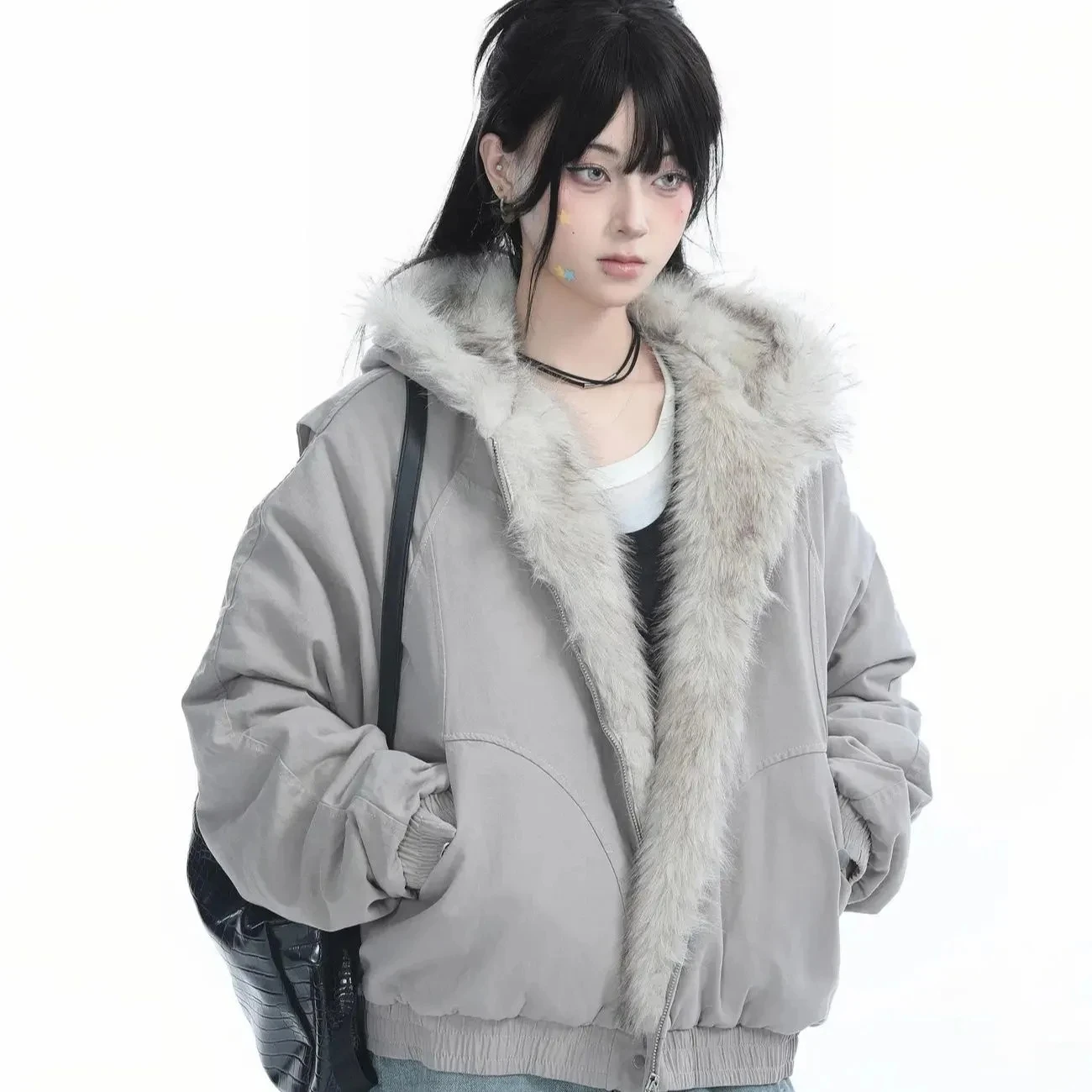 أنثى زائد المخملية الدافئة عارضة أفخم أبلى Y2K فو الفراء طوق مقنعين القطن وسادة مبطنة المرأة الرجعية الشارع الشهير معطف فضفاض #6