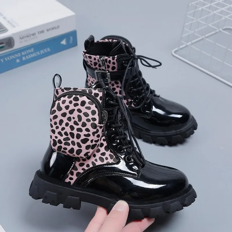 Fashion Ankle Boots British Style Princess Shoes 2023 New Autumn Non-slip Side Zipper Girls Shoes Buckle Bag Leather Short Boots