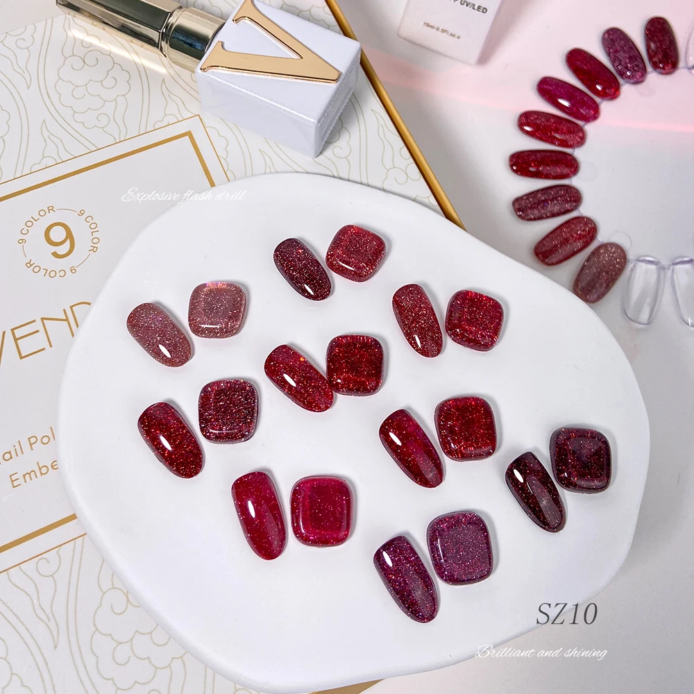 

Vendeeni 9 Colors/set Red Glitter Broken Diamond Sparkling Nail Varnish Manicure Gel Nail Polish With Color Card TPO/HEMA FREE