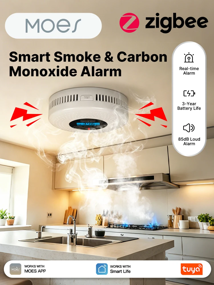 Czujnik dymu i tlenku węgla MOES Tuya Zigbee, inteligentny alarm dźwiękowy 85dB, syrena, detektor CO, alarm wycieku gazu, bezpieczeństwo w domu, zdalny monitoring przez aplikację. — zdjęcie produktu 7