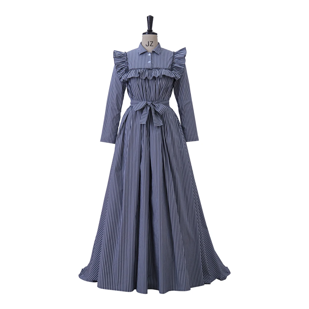

Женское винтажное бальное платье с высокой талией в викторианском стиле эпохи регентства Джейн Остин, костюм для чаепития, исторический костюм в синюю полоску