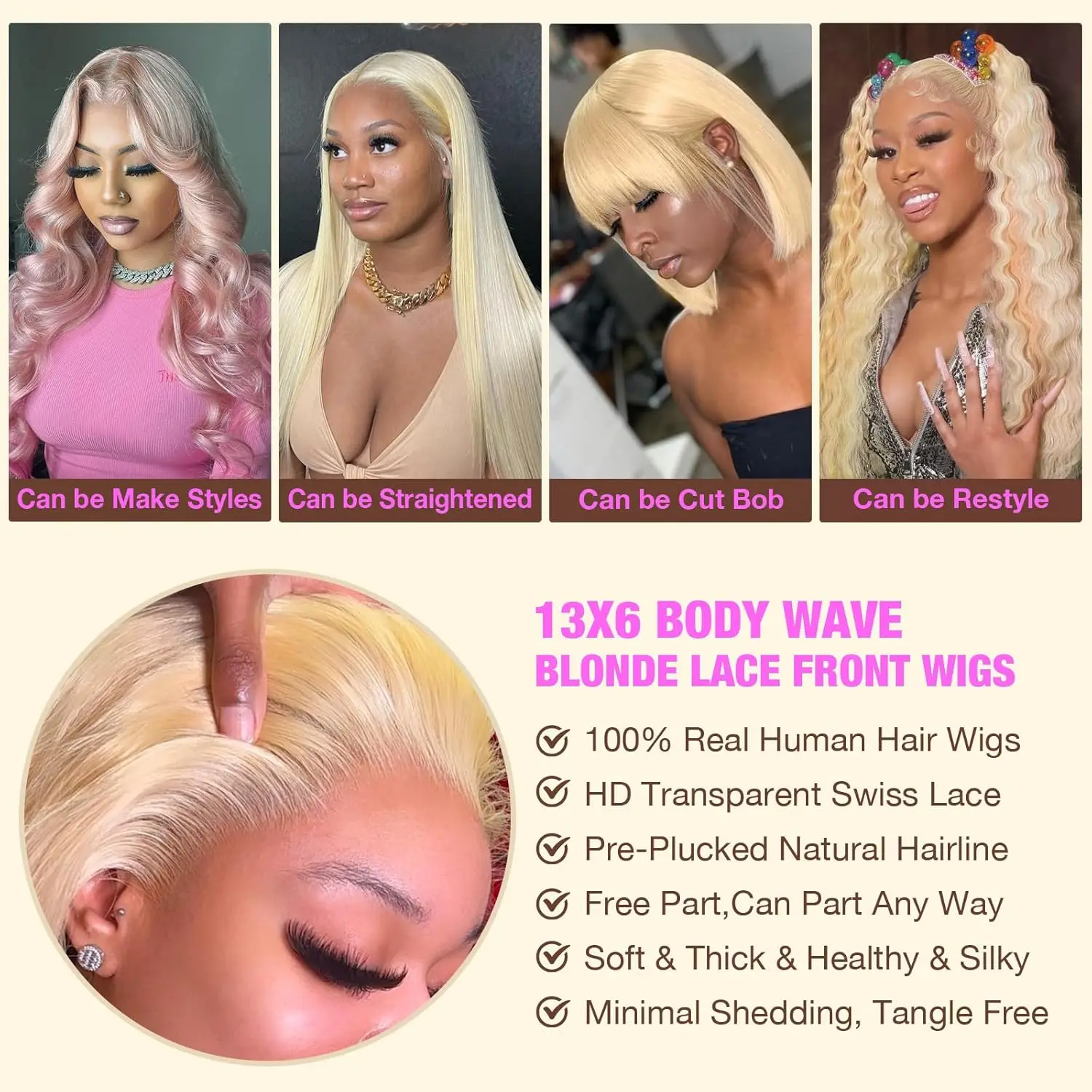 613 Lace Front Wig Human Hair 13x6 Blonde Wig Human Hair 180 Density HD Transparent Body Wave Lace Front Wigs Pre Plucked with Baby Hair(20Inch) - view 5