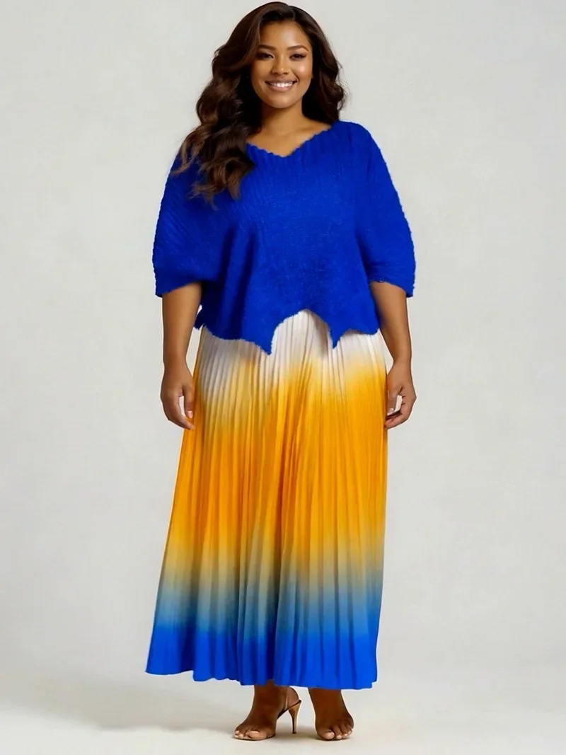 

Women Plus Size Gradient Color Long Skirts And Tops Pleated 2 Piece Outfit Luxury Dubai Prom 2025 Casual For Female Fashion Sets