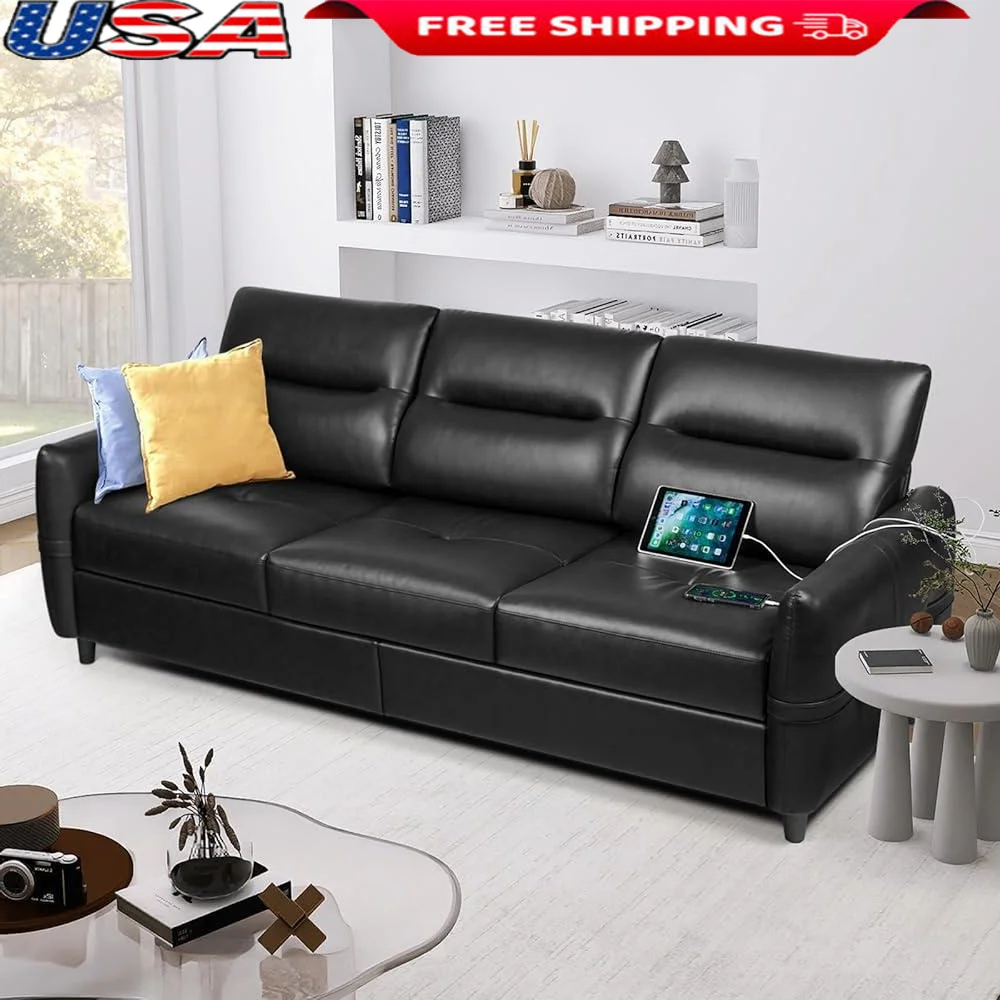 Faux Leather Sofa 3 Seater Couch USB Charging Breathable Waterproof Stain Resistant Living Room Furniture Modern Design Scratch