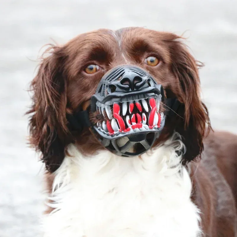 Basket Cage Muzzle Training Mouth Cover, Funny Mask Best Chewy Soft Nylon Pet Muzzles Harness with Teeth for Biting Dog Pitbull