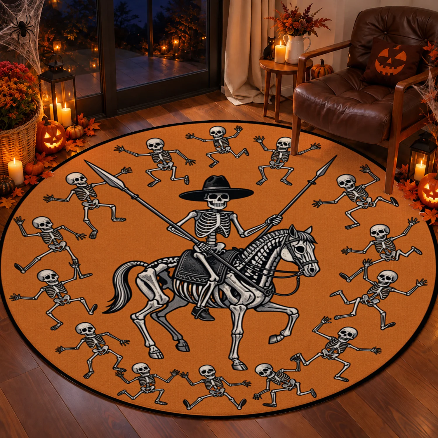 Halloween Skeleton Rider and Dancing Skeletons Pattern Round Velvet Rug Machine Washable Great for Living Room Bedroom Entryway Dining Area Ideal for Halloween Thanksgiving Black Friday Christmas New Year