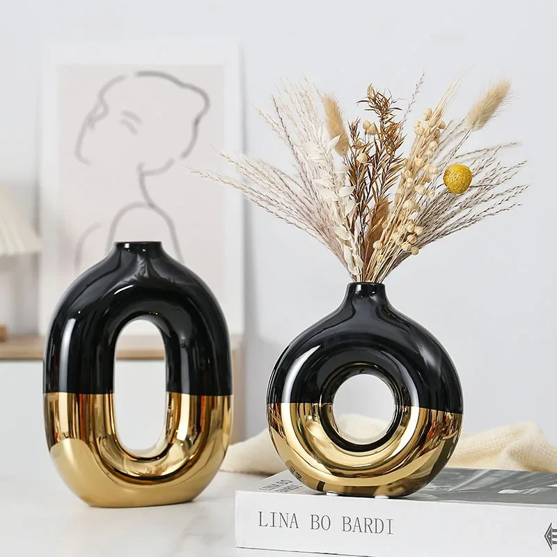 Nordic Electroplated Ceramic Vase Advanced Feeling Creative Flower Arrangement Ceramic Handicraft Ornaments Art Decorative Vase