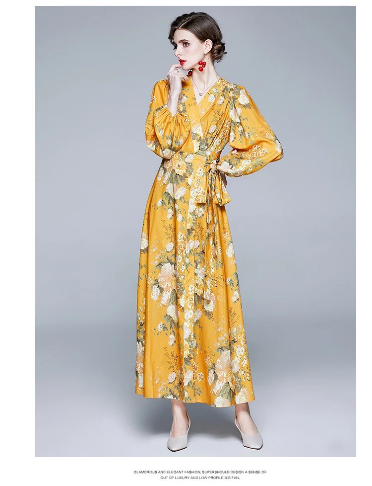 AIMEILI Women Autumn Elegant Floral Dress Festa High Quality Long Maxi Vintage Party Robe Femme V-neck Designer Yellow Vestidos