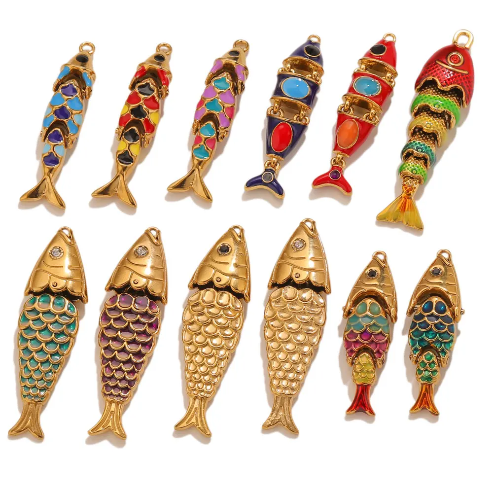 1 Stück Edelstahl-Emaille-Fisch-Anhänger für die Schmuckherstellung, böhmische Tier-Anhänger, goldfarbenes Zubehör, niedliche Fisch-Anhänger – Detail 2