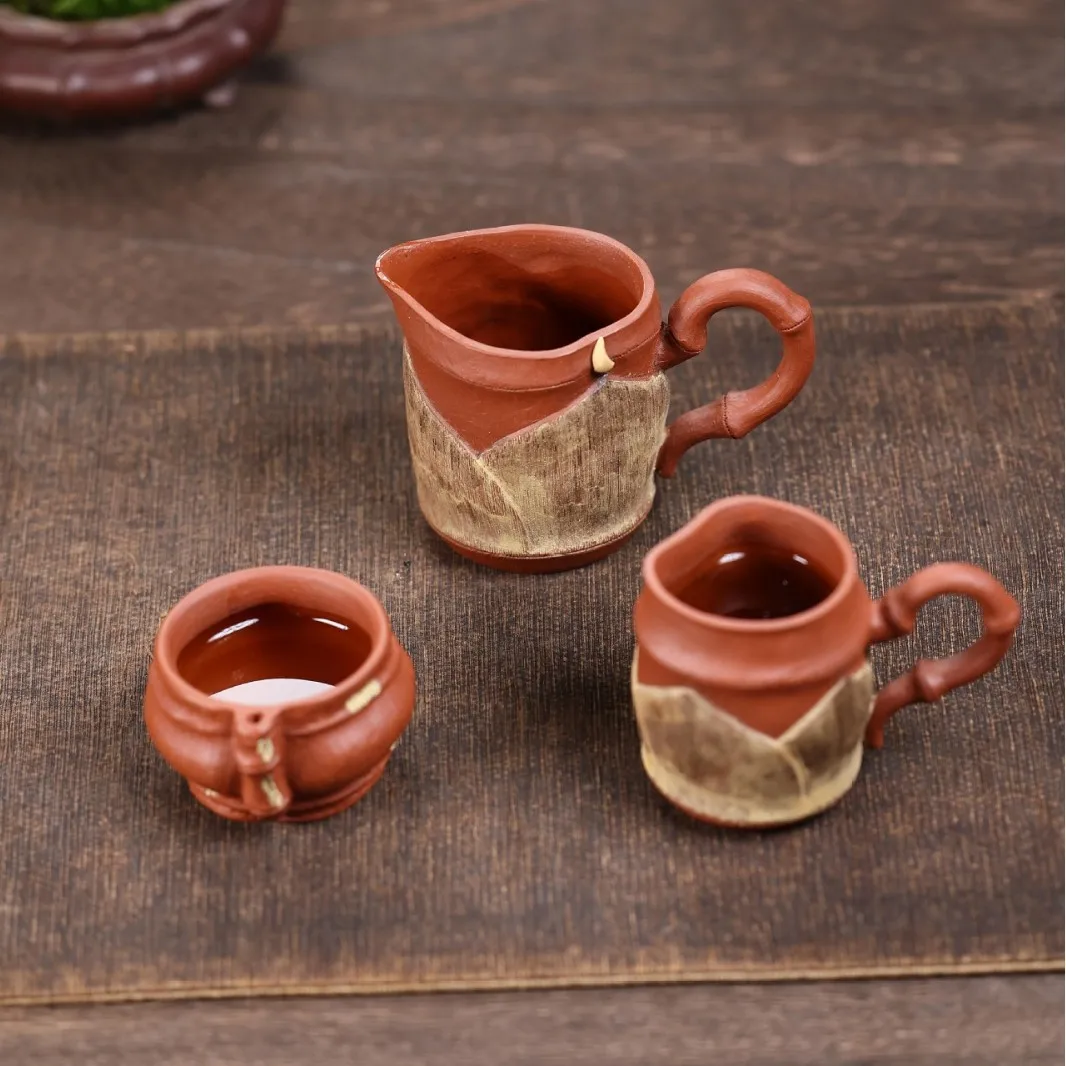 Yixing Purple Clay Master Biomimetic Bamboo-Shaped Small Handle, Fair Cup, Divider, Cup With Lid, Tea Set