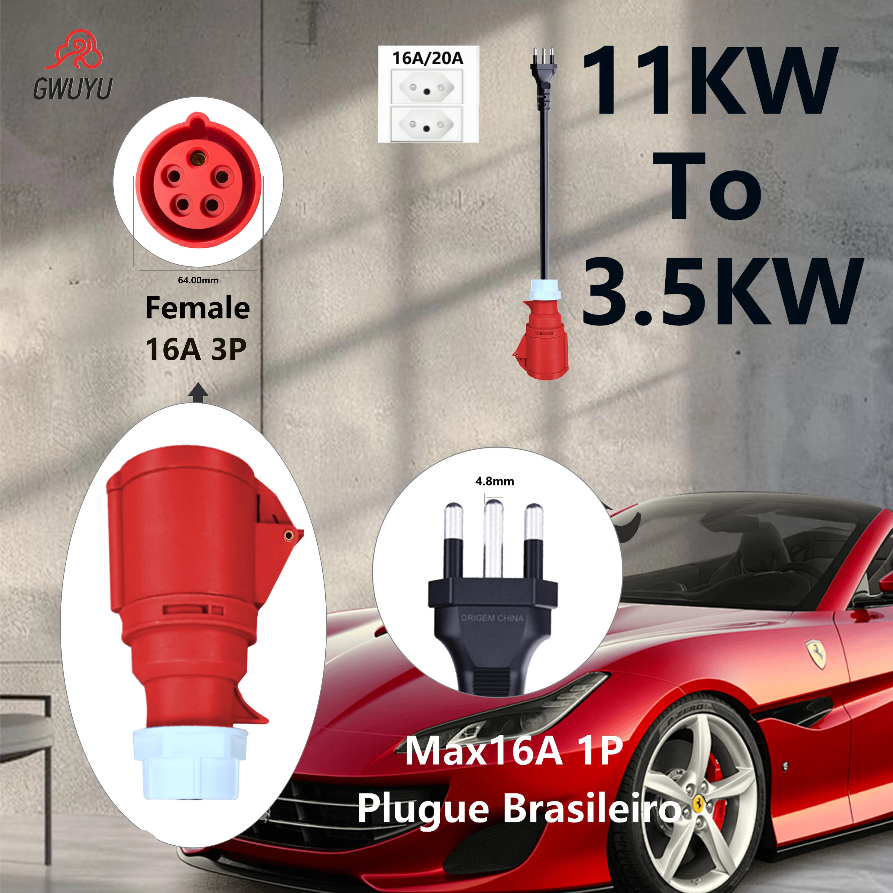 

GWUYU EV Charger Schuko Adapter Connector Cable 5 Pins Socket CEE Brazil Plug 380V 16A for 11KW Type2 Portable Charger