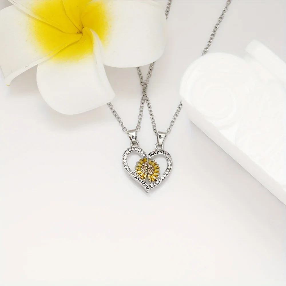 2pcs Creative Cute Trendy Sunflower Heart Pendant Necklace Decorative Accessories Holiday Birthday Gift For Mom And Daughter