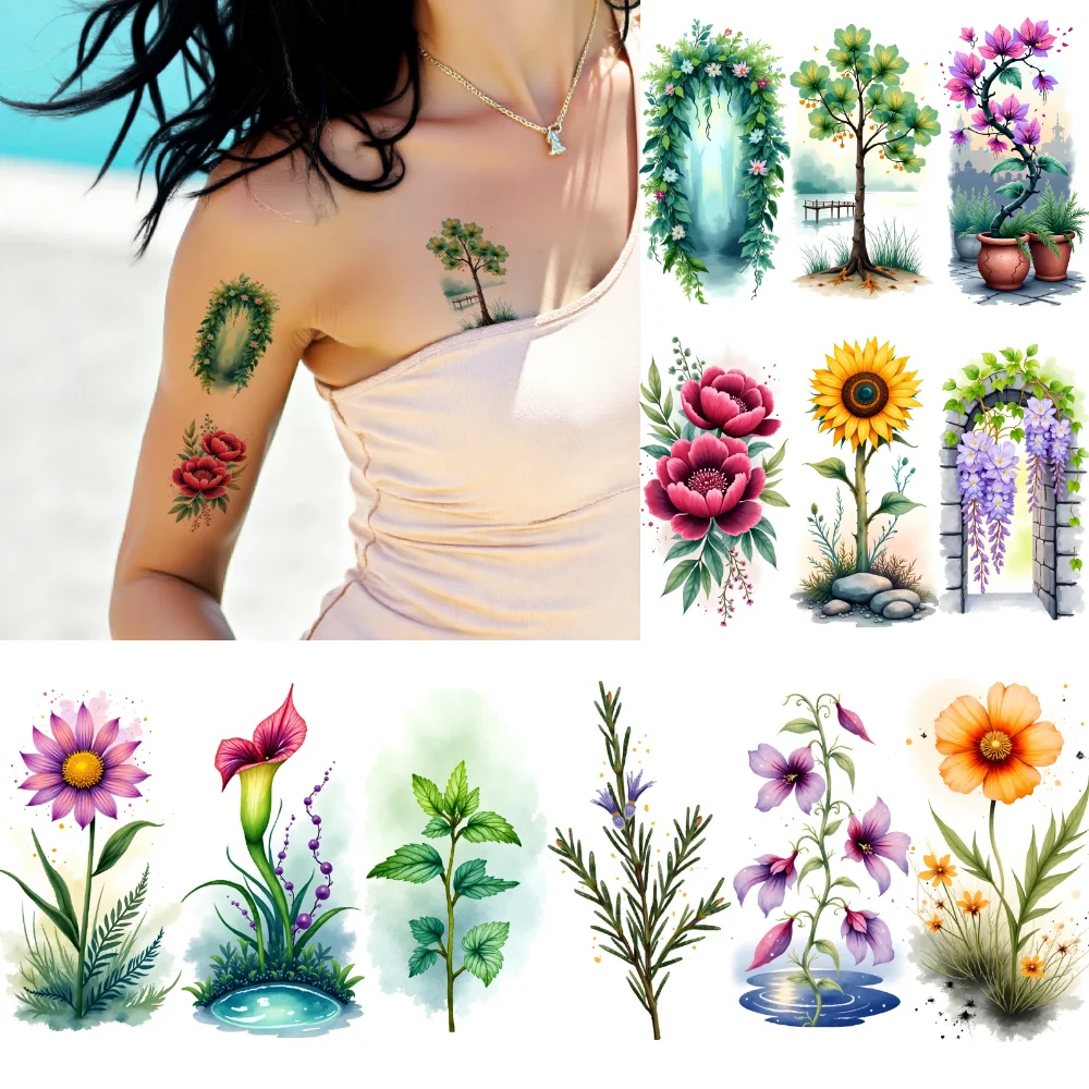 

9pcs Temporary Tattoo Colorful Flowers Temporary Tattoo Stickers Nature Illustrations Floral Designs Watercolor For Ladies
