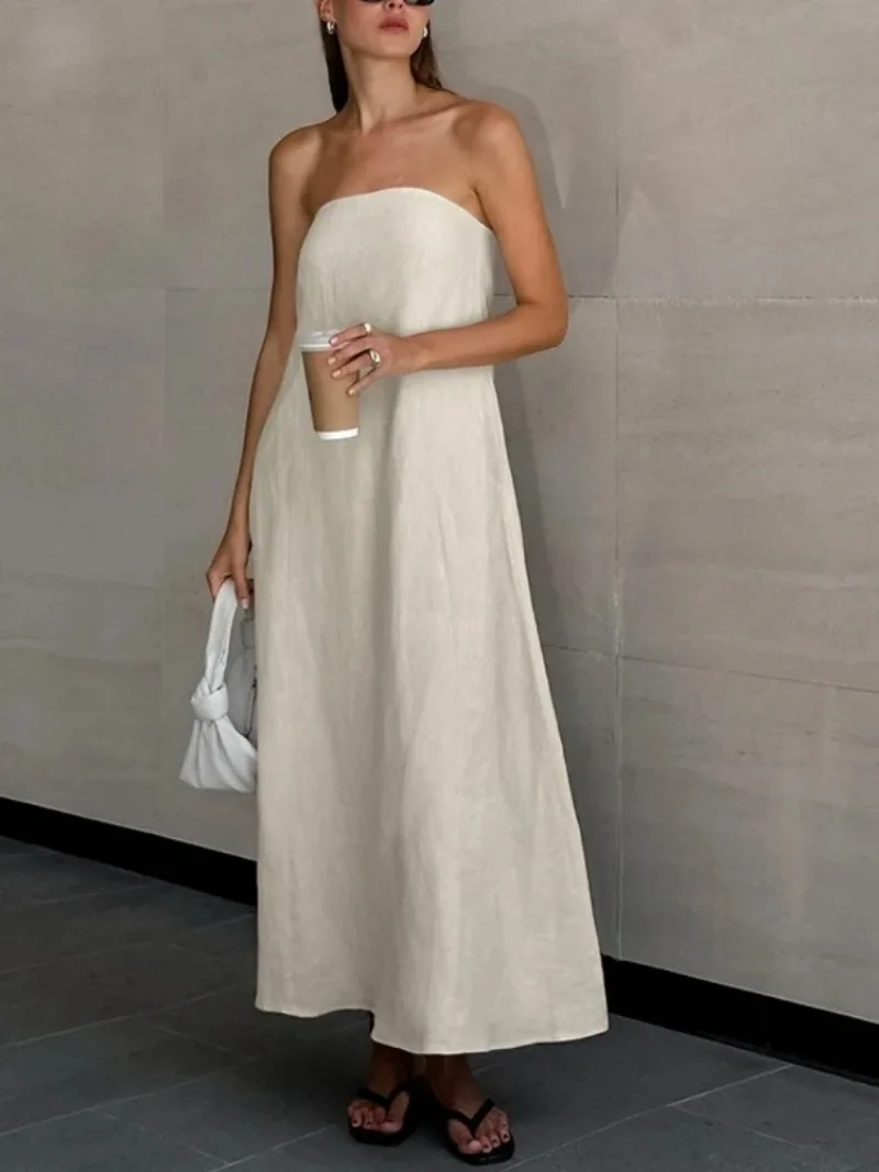 

New Summer Sexy Khaki Cotton Linen Tubeless Dress for Women Vacation Casual Ramie A-Line Skirt Maxi Dresses for Women Clothing