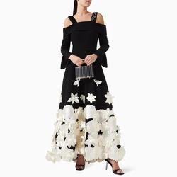 Elegant Evening Dress Black Beige Flowers Off the Shoulder A Line Evening Gowns for Women A Line Cold Shoulder Formal Party Gown