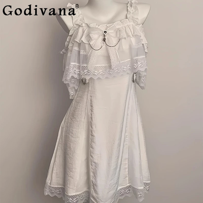 

White Lace Clear Tie Short Sleeve Dress Women Japanese Subculture Style Short Dress Female Summer Sweet Lace Lolita Dress