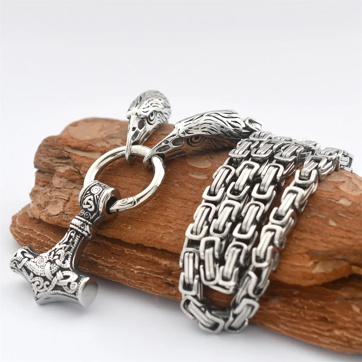 Nordic Men Raven Necklace Viking Stainless Steel Hammer Pendant Rune Amulet Accessories Viking Jewelry