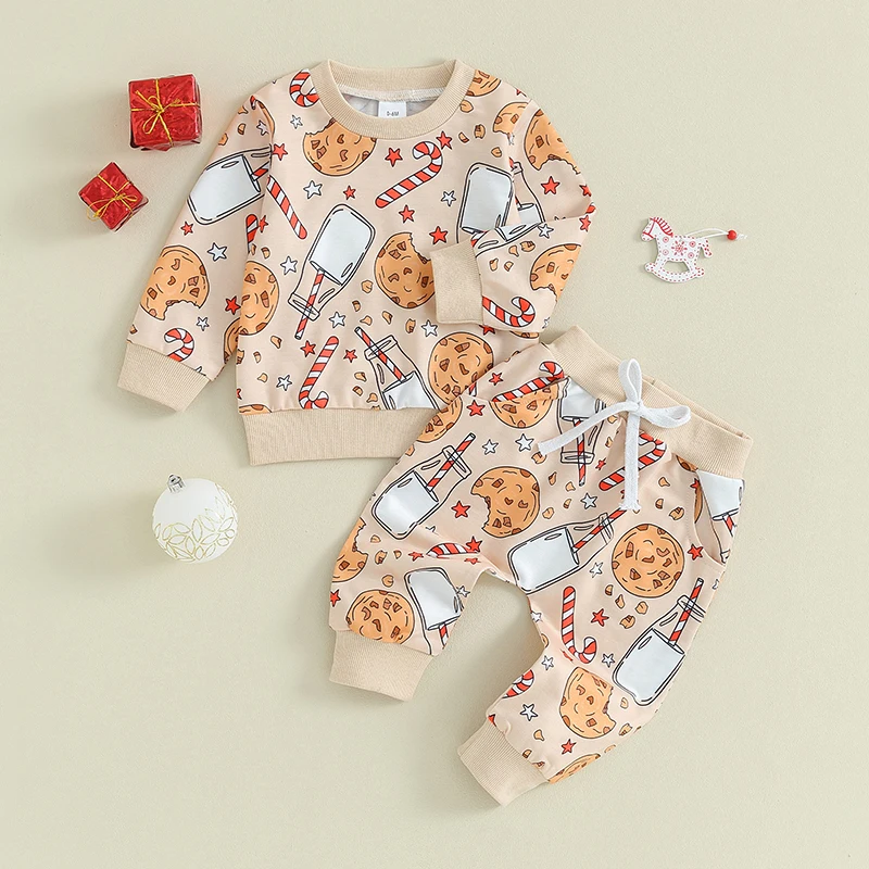 Christmas Outfit 0 3 6 9 12 18 24Months 2t 3t Toddler Baby Girl Boy Clothes Floral Xmas Cookie Sweatshirt Top Pants Set