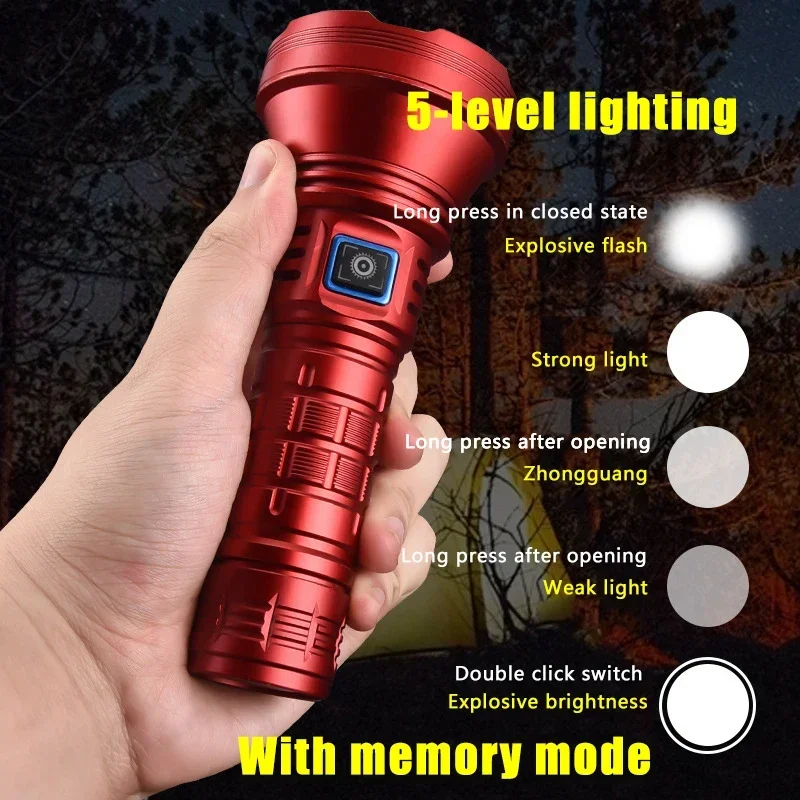 XIWANGFIRE BT90 5000lm LED Torch 50W Powerful Strong Light Long Range Flashlight USB C Rechargeable 18650/26650 Charging Torch