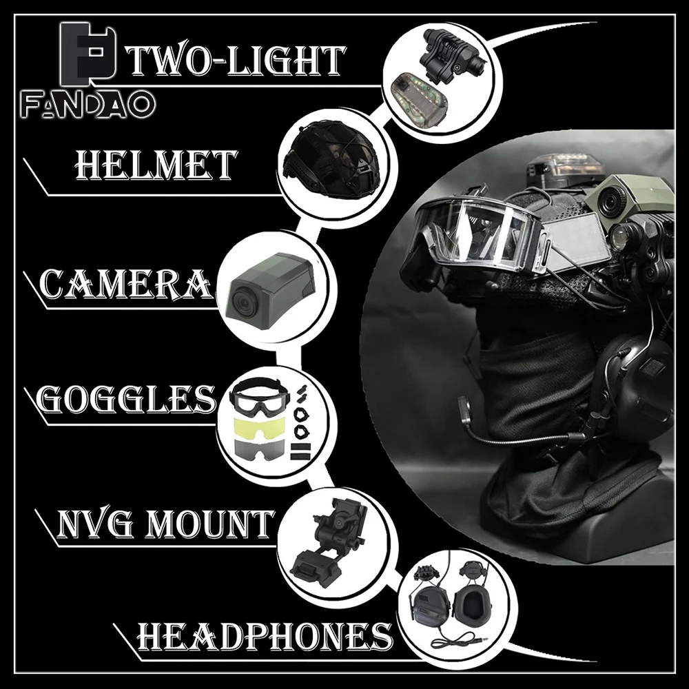 

Tactical Fast Bump Helmet Set Multifunctional 10-in-1 Airsoft Helmet Set with Headphones Camera Model for Field Training Cosplay
