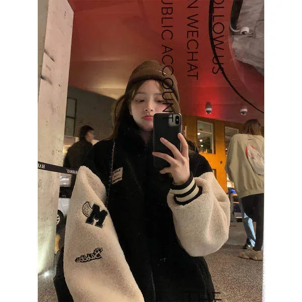 المرأة خمر نمط الأمريكية الصوف مبطن سميكة البلوز سترة التطريز جديد فضفاض صالح التخسيس صوف الضأن سترة #1