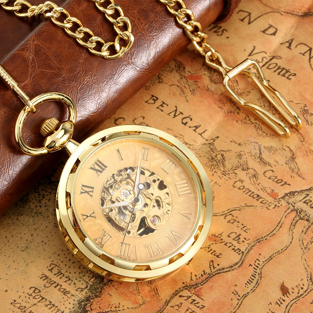 Classic Golden Roman Numerals Dial Open Face Pocket Chain Mechanical Hand Winding Pocket Watch Retro Gift Pocket Clock Man