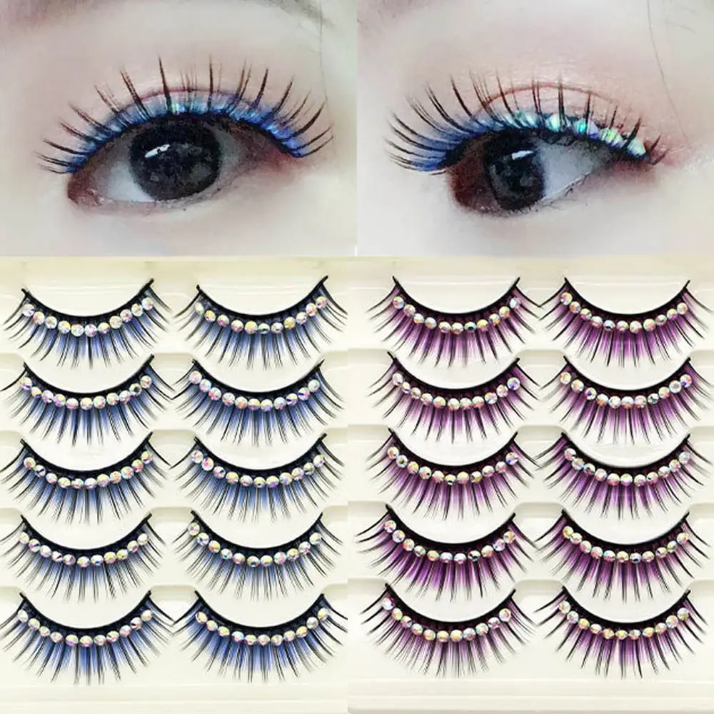 1/5Pairs Soft Mink False Eyelashes Natural 3D Fake Eye Lashes with Shiny Rhinestones Makeup Party Colored Extension Eyelashes