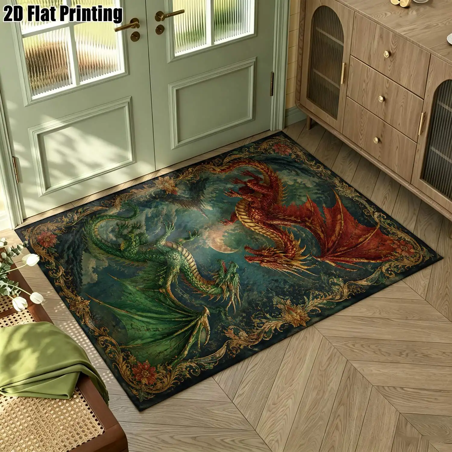 1Pc 2D Printed Dragon Pattern Vintage European Carpet, Home Decor, Multi-Size, Machine Washable, for Living Room, Bedroom, Dining Room, Entrance
