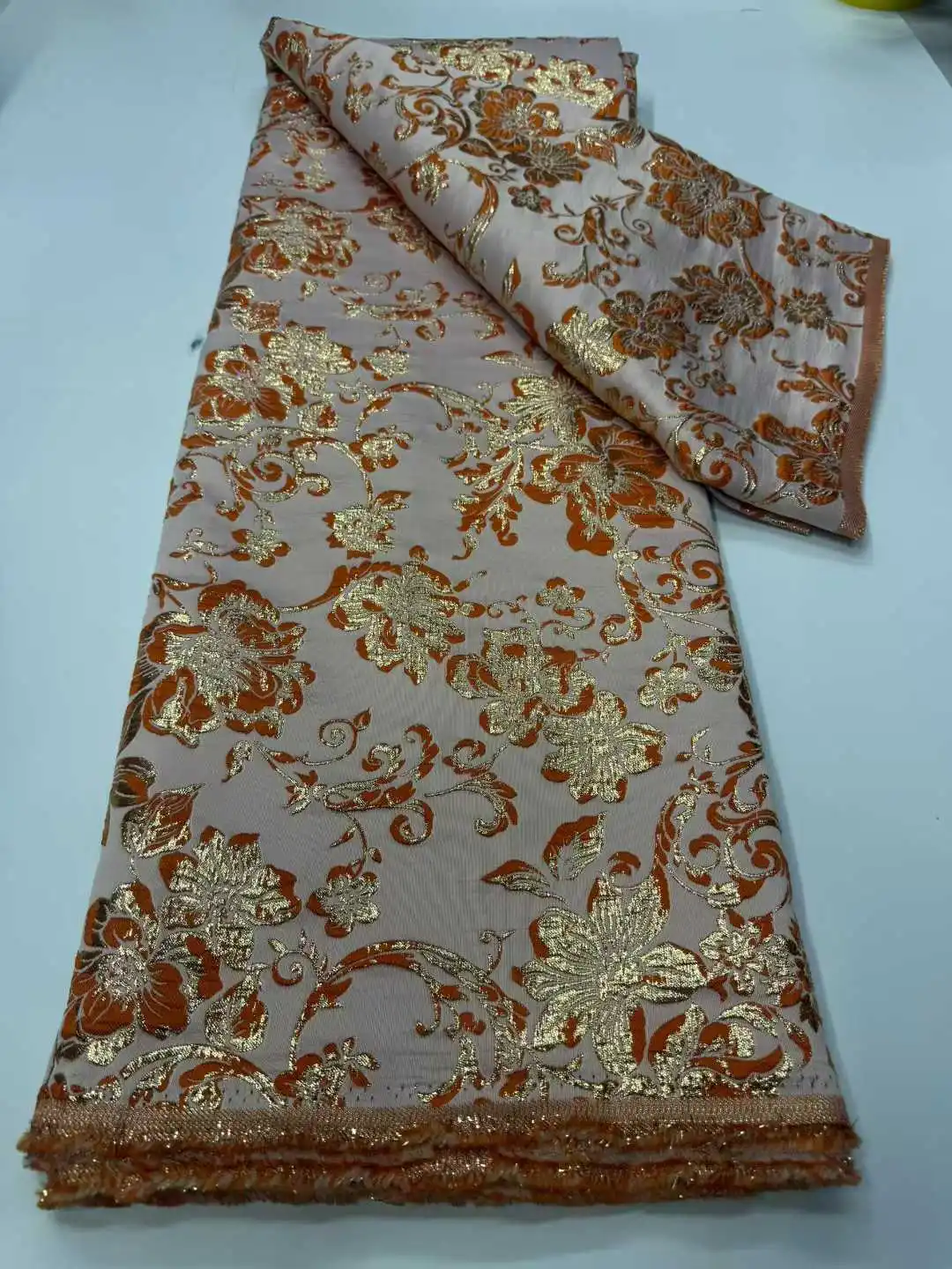 

Orange African Jacquard Brocade Fabric Nigerian Floral Damask Gilding Lace Material Brocard Tissu 5Yard Dentelle Africaine
