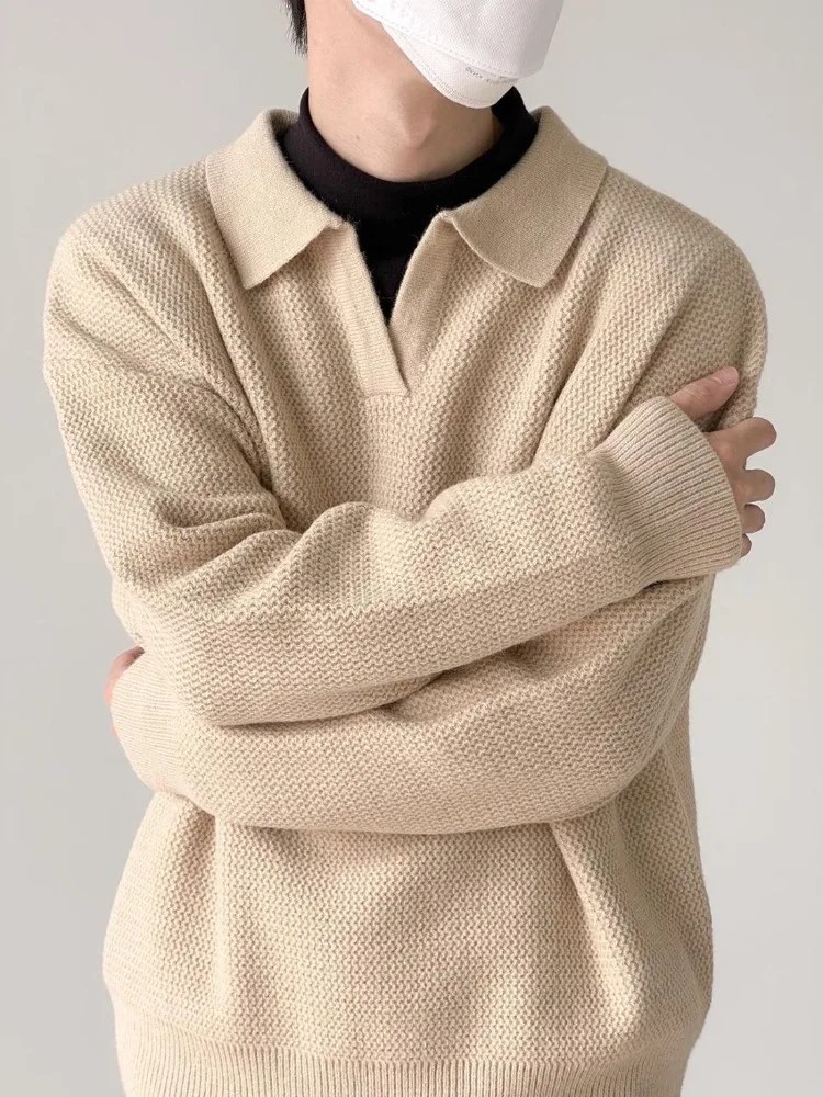 Slouchy High-end Lapel Sweater Men Korean-style Autumn Casual Loose Casual Knitting High Street Solid Pullovers Handsome Daily